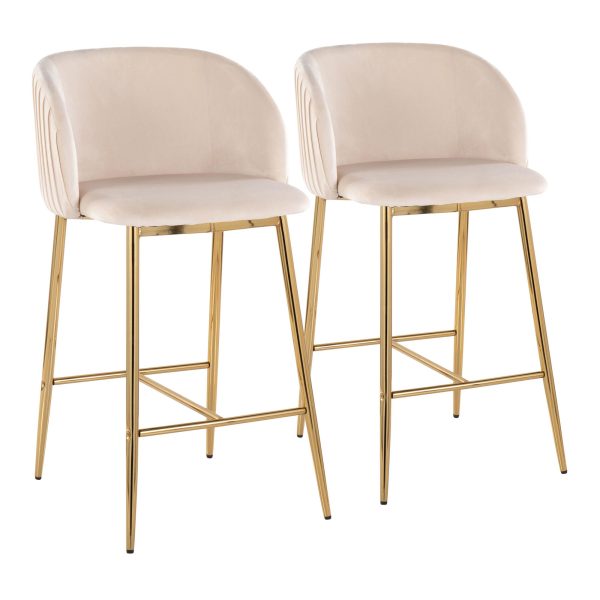 Fran Gold White Velvet Pleated Contemporary Counter Stools Set of 2 1