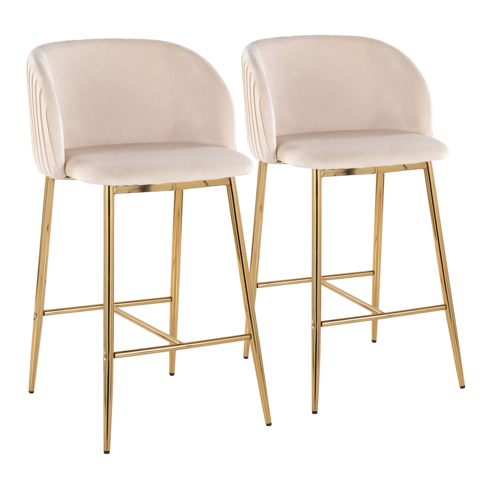 Fran Gold White Velvet Pleated Contemporary Counter Stools (Set of 2) 2 Fran Gold White Velvet Pleated Contemporary Counter Stools (Set of 2) - Image 2