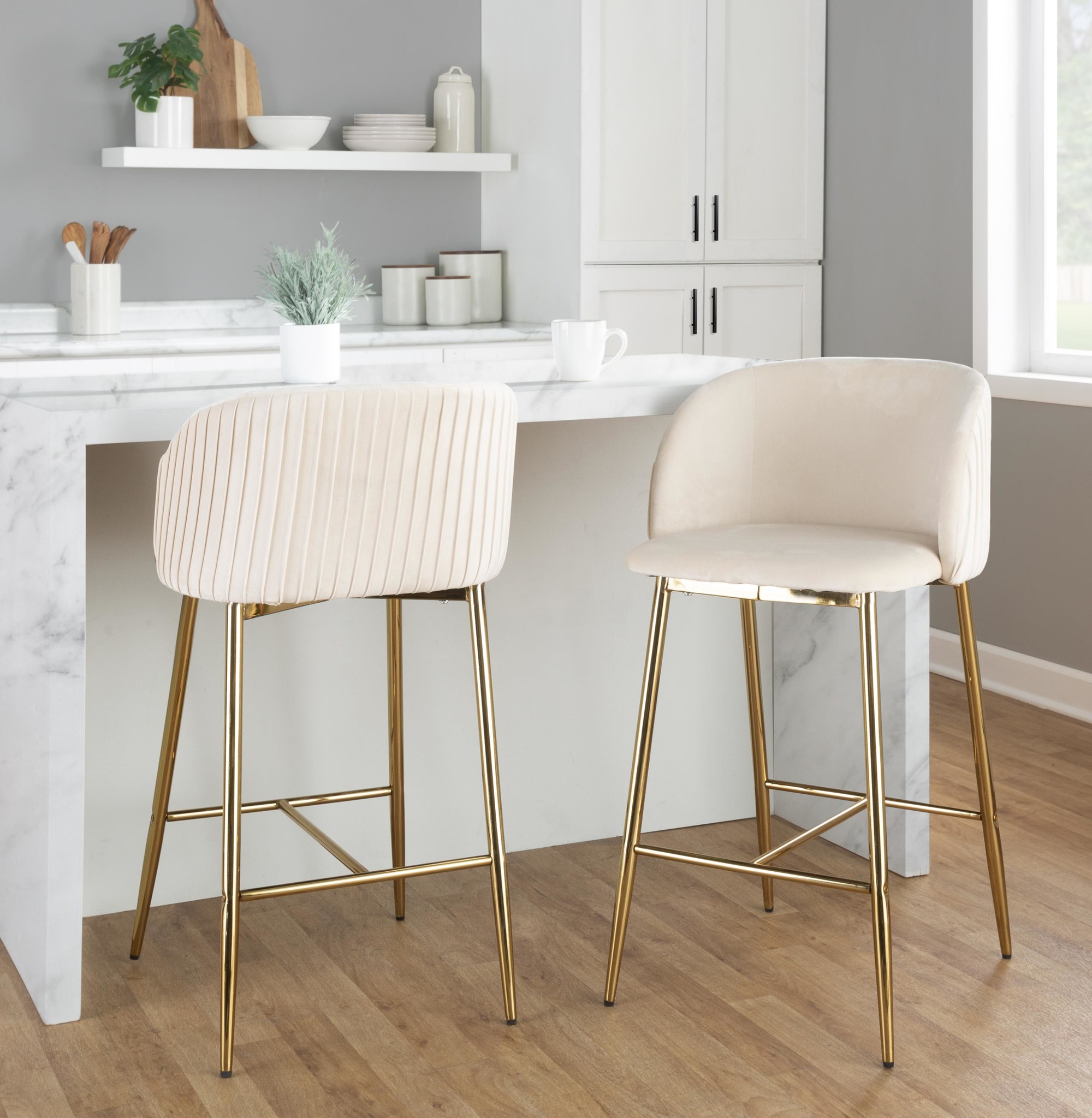 Fran Gold White Velvet Pleated Contemporary Counter Stools (Set of 2) 1 Fran Gold White Velvet Pleated Contemporary Counter Stools (Set of 2)