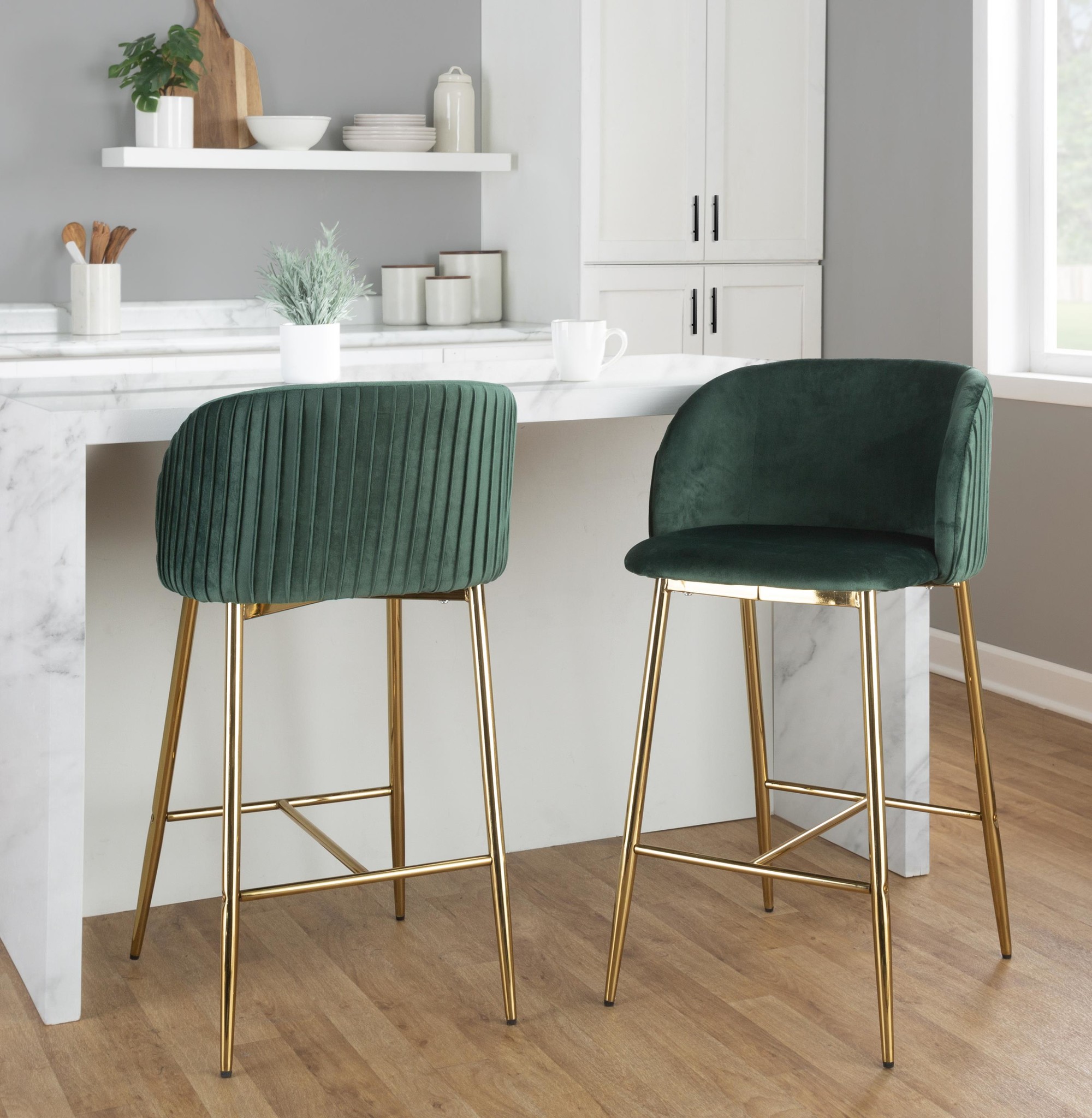 Fran Gold and Green Velvet Contemporary Counter Stool (Set of 2) 1 Fran Gold and Green Velvet Contemporary Counter Stool (Set of 2)