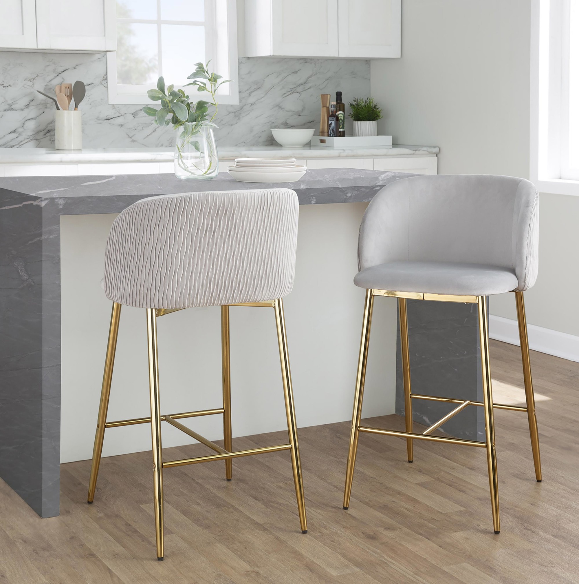 Fran Gold and Silver Velvet Contemporary Counter Stools (Set of 2) 1 Fran Gold and Silver Velvet Contemporary Counter Stools (Set of 2)
