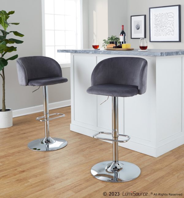 Fran Grey Velvet Chrome Contemporary Adjustable Barstool Set of 2 1