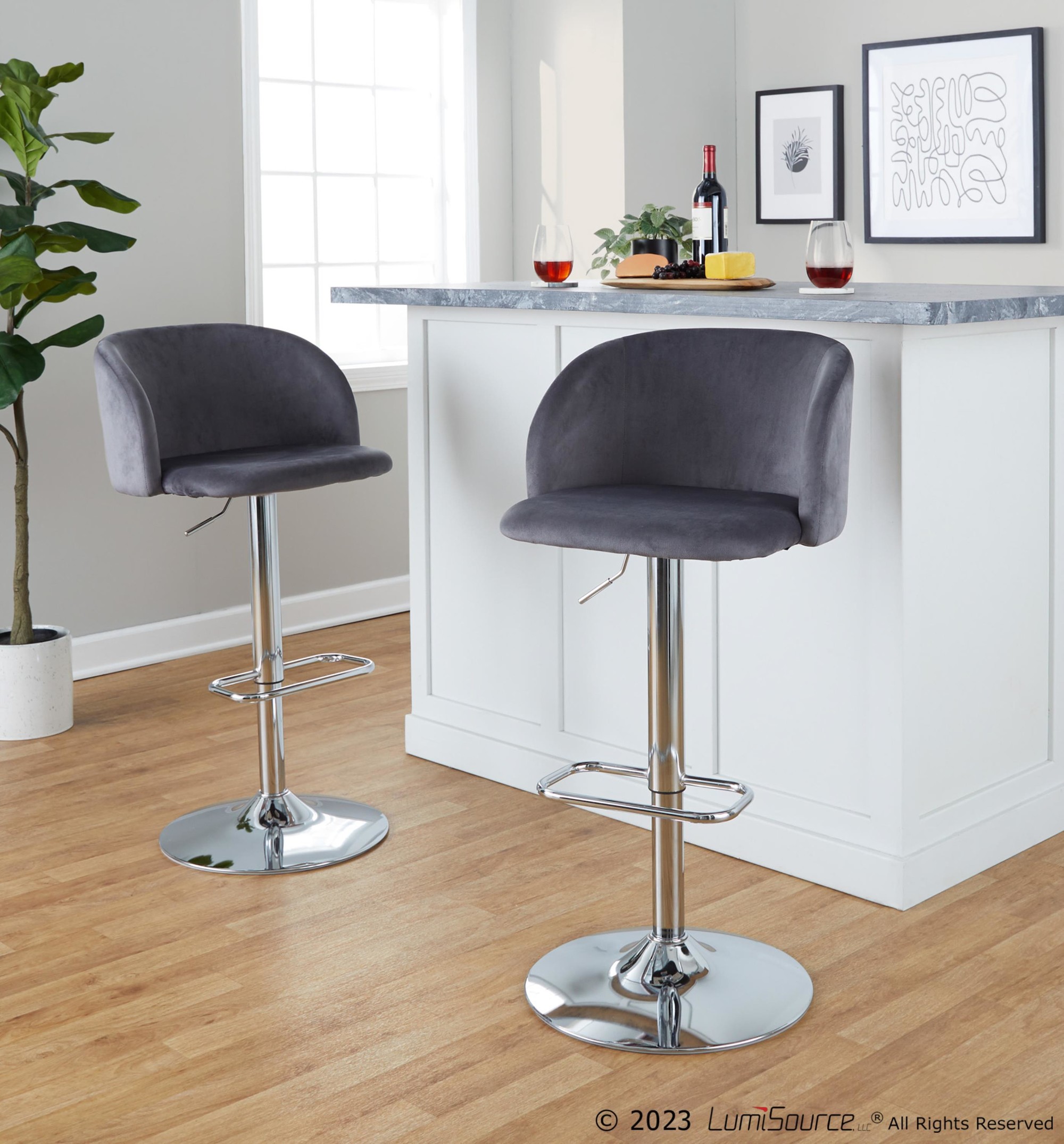 Fran Grey Velvet Chrome Contemporary Adjustable Barstool (Set of 2) 2 Fran Grey Velvet Chrome Contemporary Adjustable Barstool (Set of 2) - Image 2