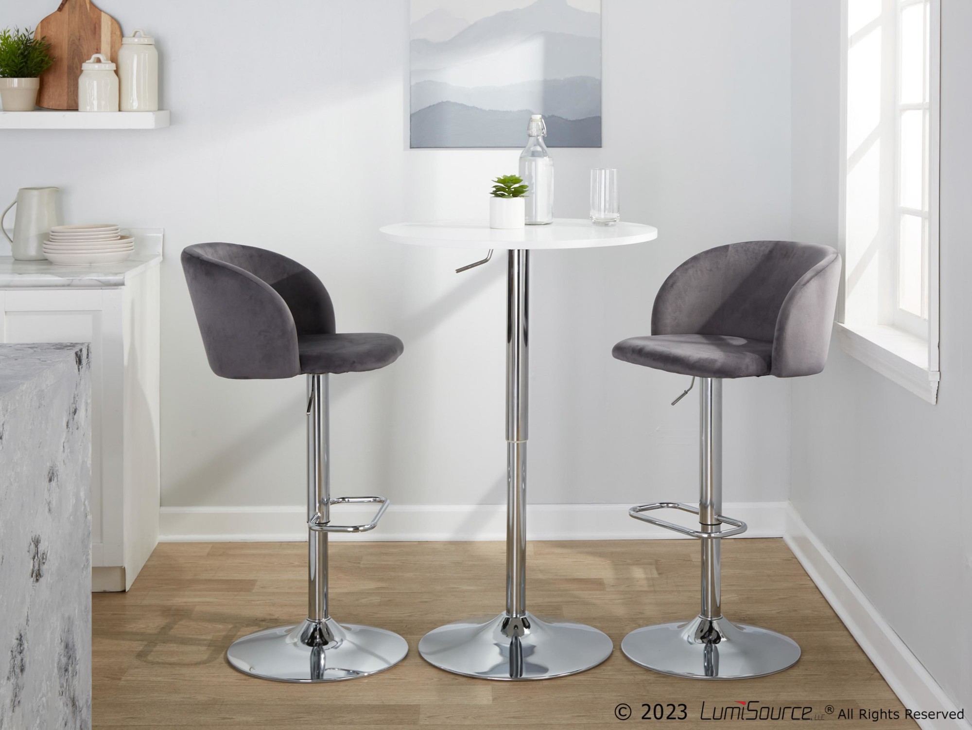 Fran Grey Velvet Chrome Contemporary Adjustable Barstool (Set of 2) 4 Fran Grey Velvet Chrome Contemporary Adjustable Barstool (Set of 2) - Image 4