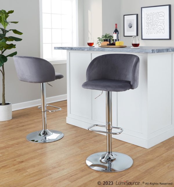 Fran Grey Velvet Chrome Contemporary Adjustable Barstool Set of 2