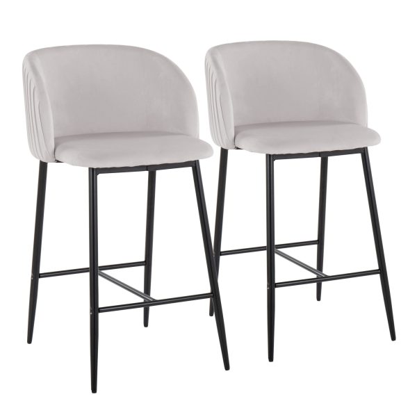 Fran Pleated Black Metal Silver Velvet Contemporary Counter Stools Set of 2 1