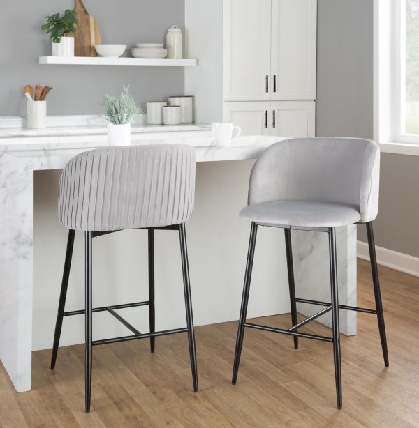 Fran Pleated Black Metal Silver Velvet Contemporary Counter Stools Set of 2