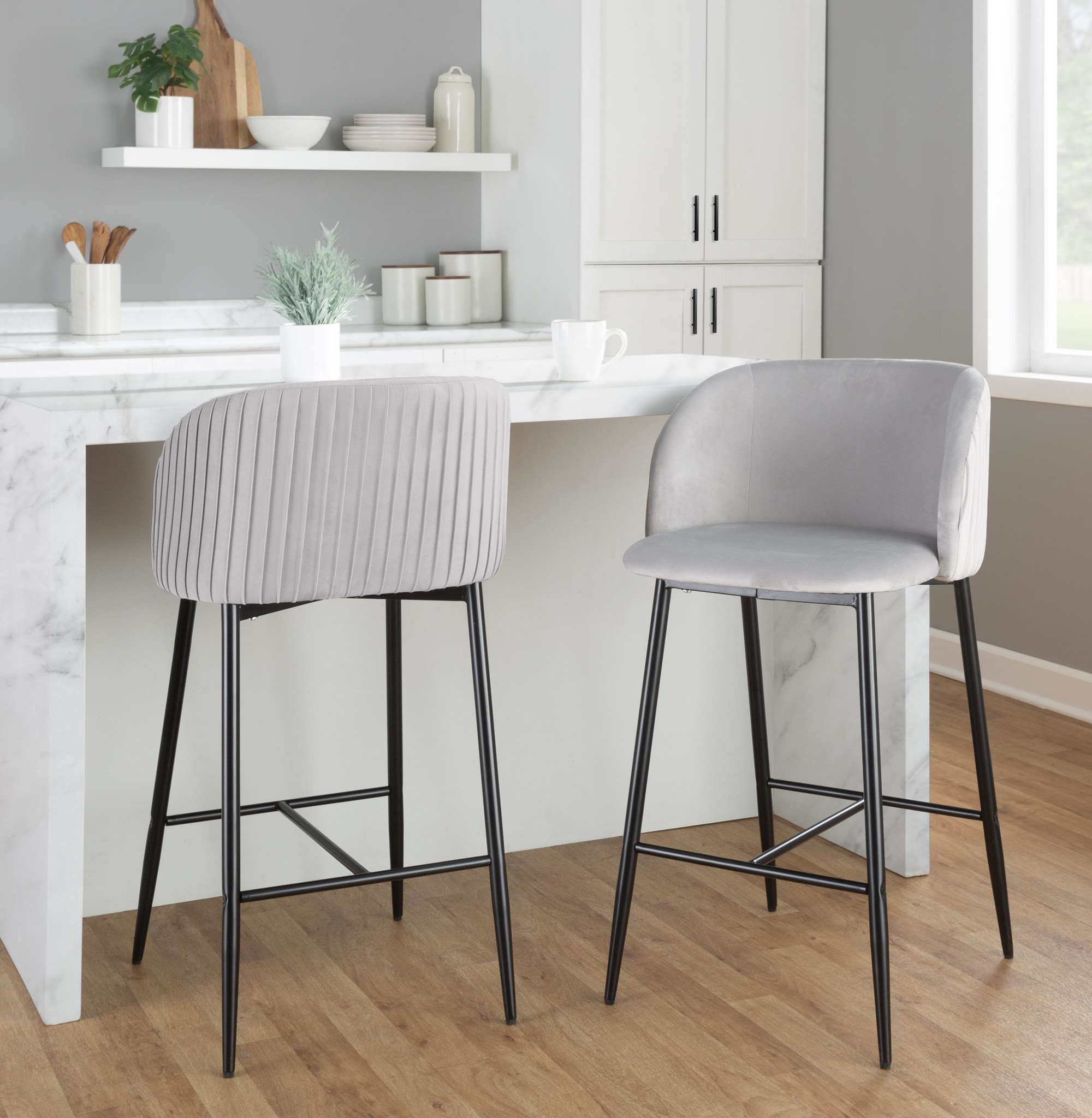 Fran Pleated Black Metal Silver Velvet Contemporary Counter Stools (Set of 2) 1 Fran Pleated Black Metal Silver Velvet Contemporary Counter Stools (Set of 2)