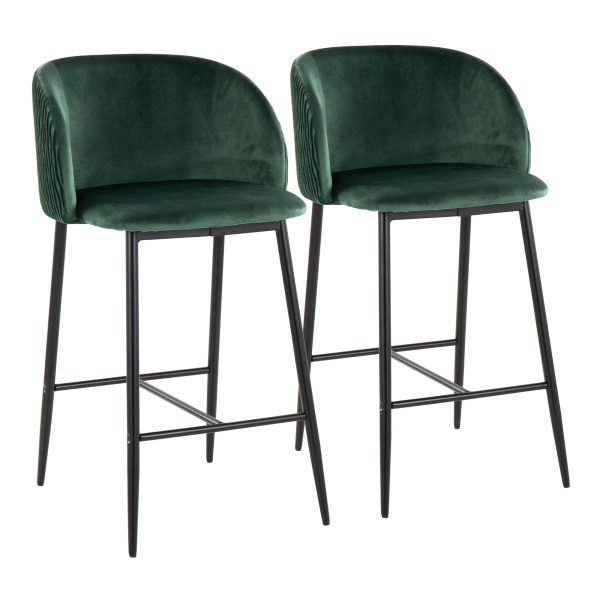 Fran Pleated Green Velvet Black Metal Contemporary Counter Stools Set of 2 1