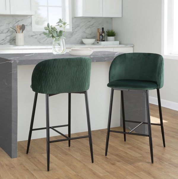 Fran Pleated Green Velvet Black Metal Contemporary Counter Stools Set of 2