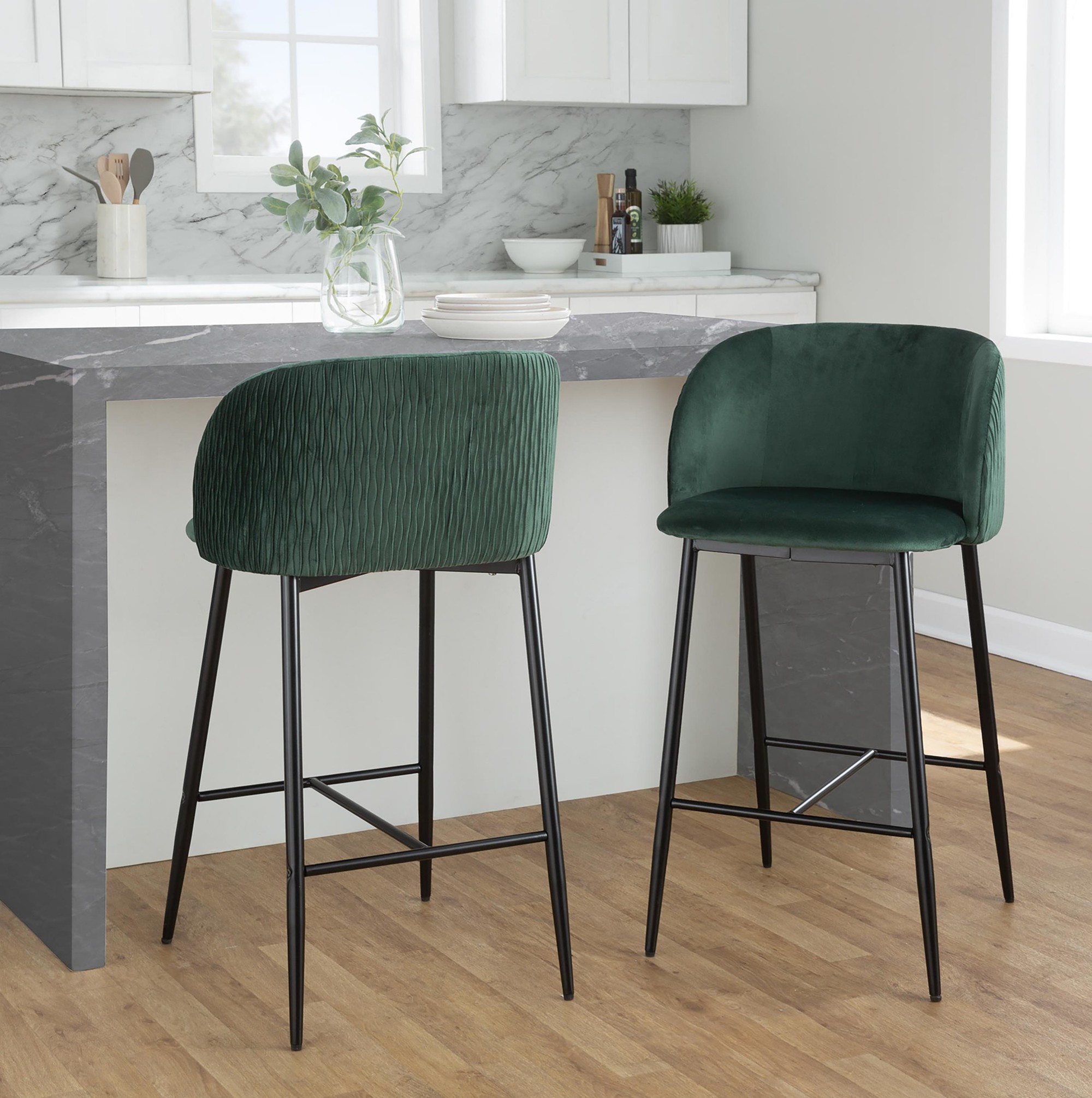 Fran Pleated Green Velvet Black Metal Contemporary Counter Stools (Set of 2) 1 Fran Pleated Green Velvet Black Metal Contemporary Counter Stools (Set of 2)