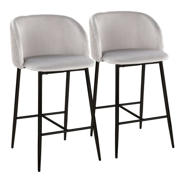 Fran Pleated Silver Velvet Black Metal Contemporary Counter Stools Set of 2 1