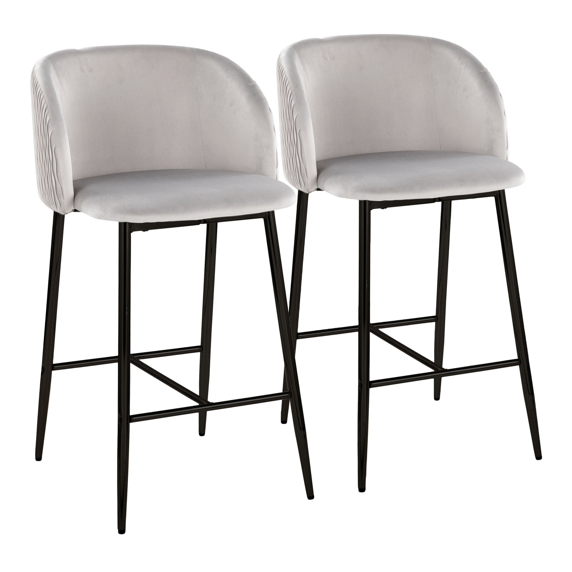 Fran Pleated Silver Velvet Black Metal Contemporary Counter Stools (Set of 2) 2 Fran Pleated Silver Velvet Black Metal Contemporary Counter Stools (Set of 2) - Image 2