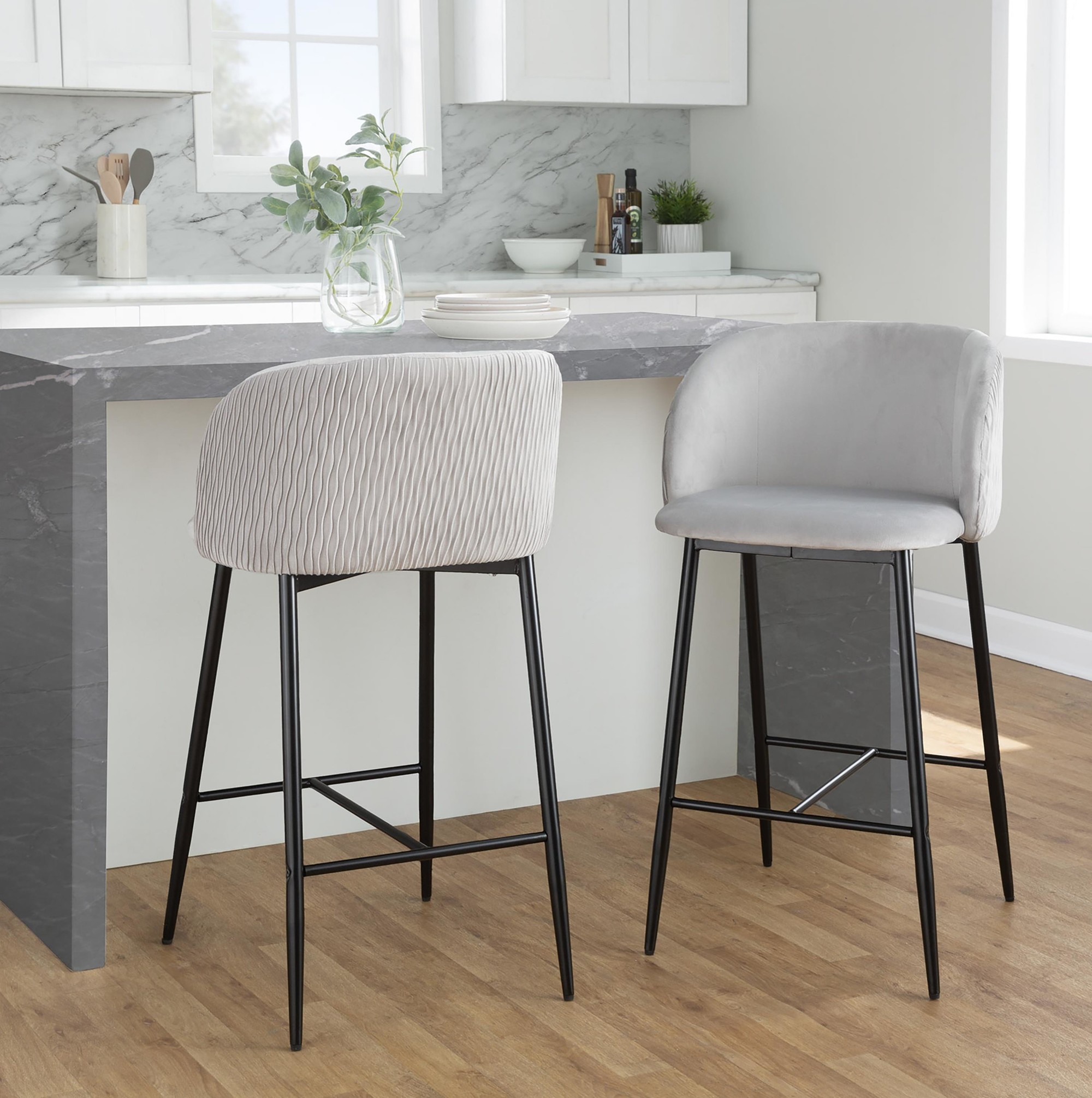 Fran Pleated Silver Velvet Black Metal Contemporary Counter Stools (Set of 2) 1 Fran Pleated Silver Velvet Black Metal Contemporary Counter Stools (Set of 2)