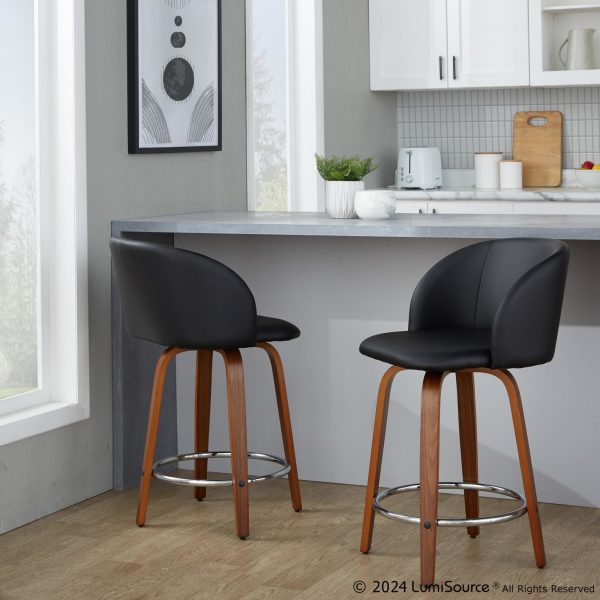 Fran Walnut Black Faux Leather Counter Stools Set of 2 1