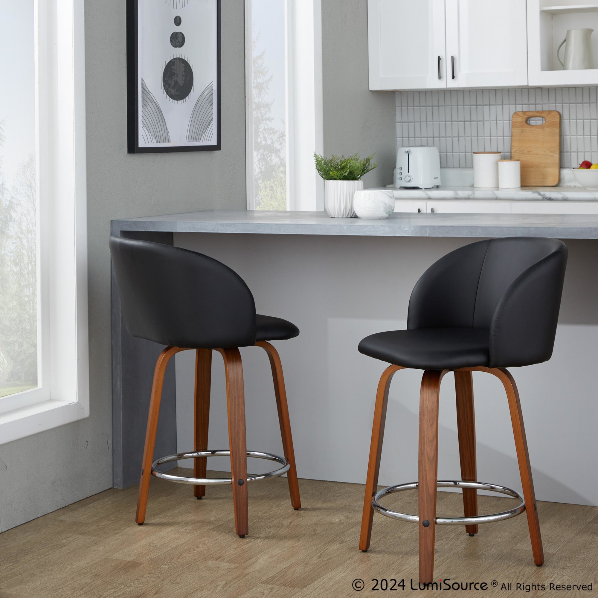 Fran Walnut Black Faux Leather Counter Stools (Set of 2) 2 Fran Walnut Black Faux Leather Counter Stools (Set of 2) - Image 2