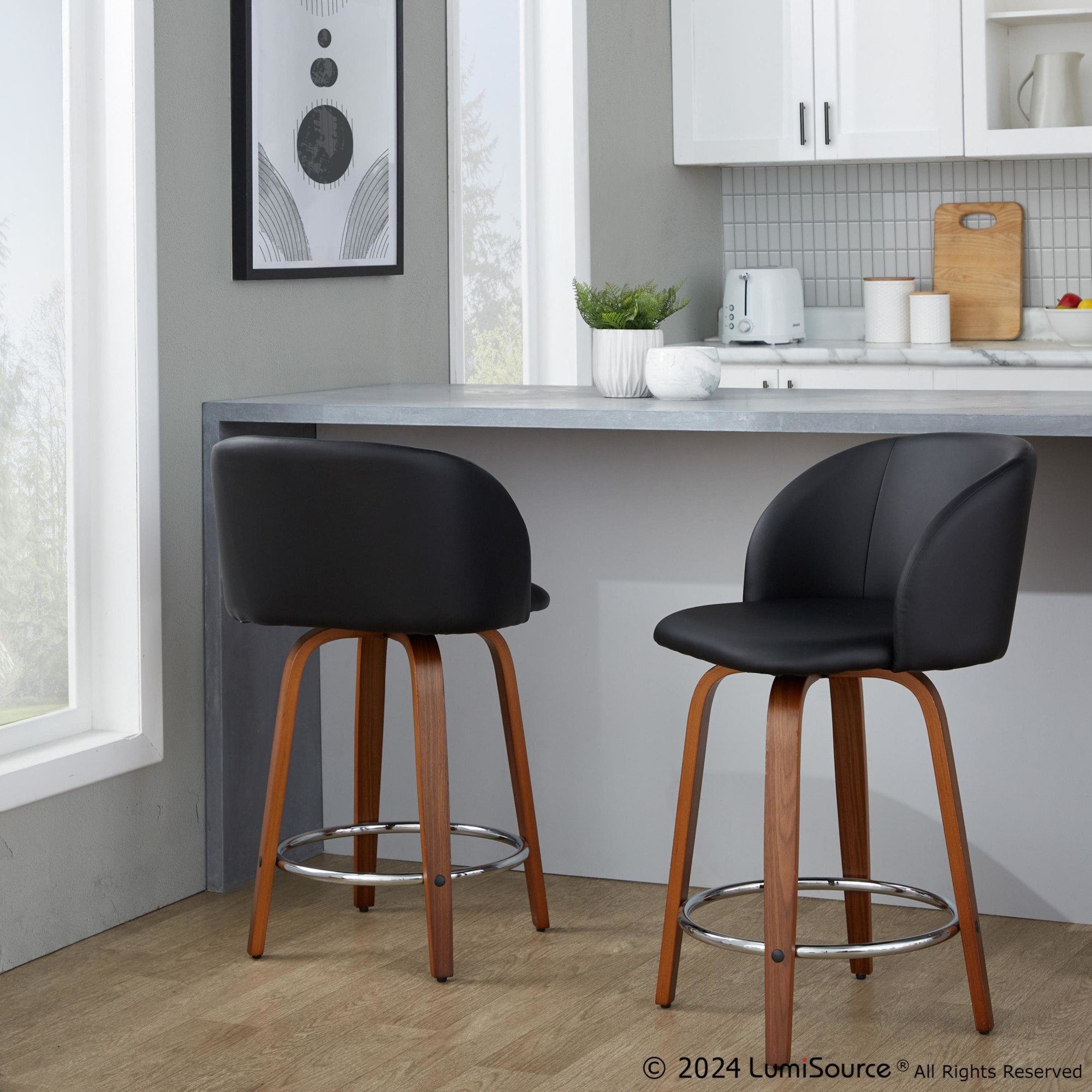 Fran Walnut Black Faux Leather Counter Stools (Set of 2) 1 Fran Walnut Black Faux Leather Counter Stools (Set of 2)