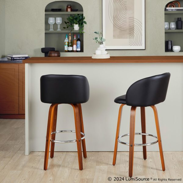 Fran Walnut Black Faux Leather Mid Century Barstool Set of 2 1