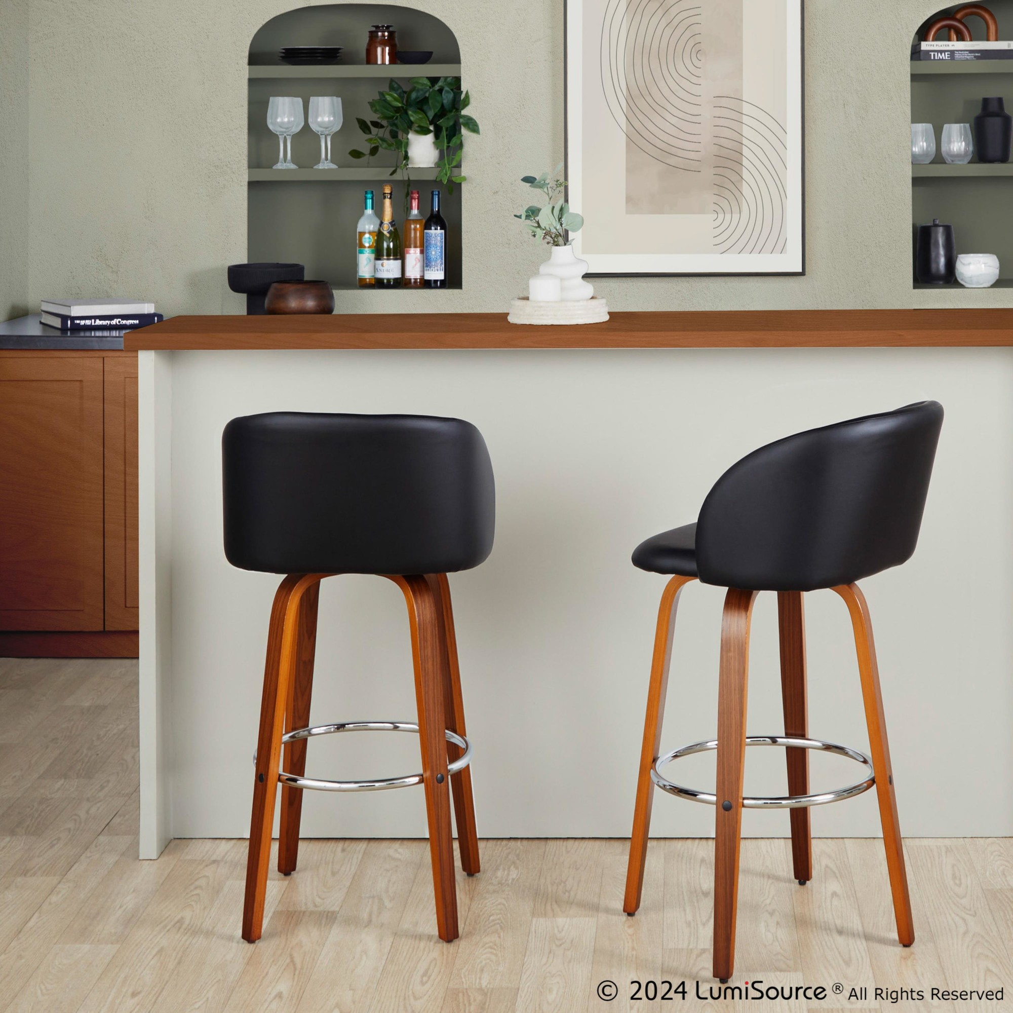 Fran Walnut Black Faux Leather Mid-Century Barstool (Set of 2) 2 Fran Walnut Black Faux Leather Mid-Century Barstool (Set of 2) - Image 2