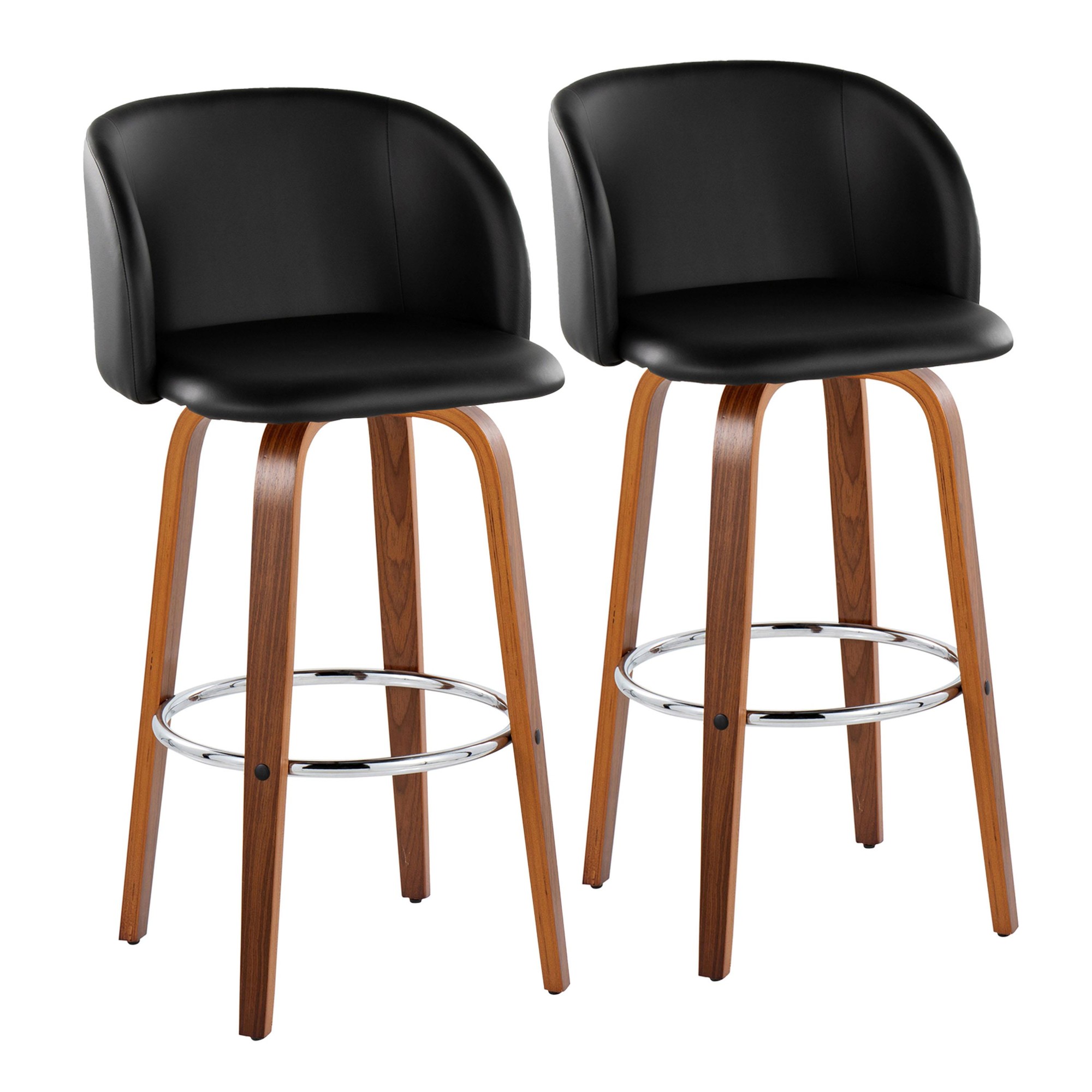 Fran Walnut Black Faux Leather Mid-Century Barstool (Set of 2) 3 Fran Walnut Black Faux Leather Mid-Century Barstool (Set of 2) - Image 3