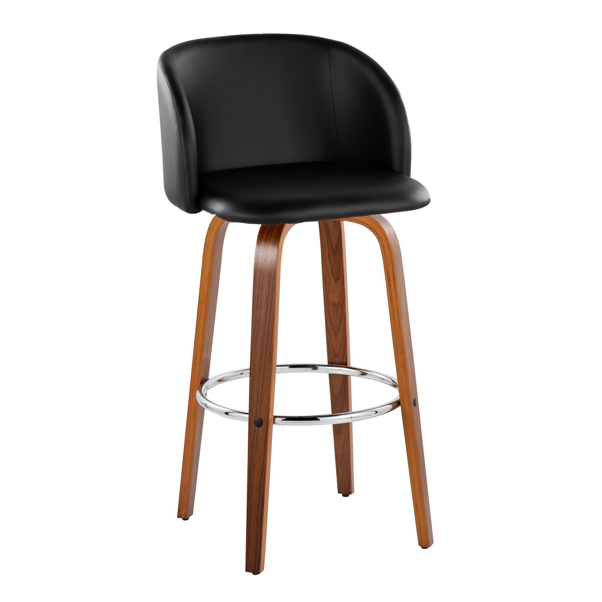 Fran Walnut Black Faux Leather Mid-Century Barstool (Set of 2) 4 Fran Walnut Black Faux Leather Mid-Century Barstool (Set of 2) - Image 4