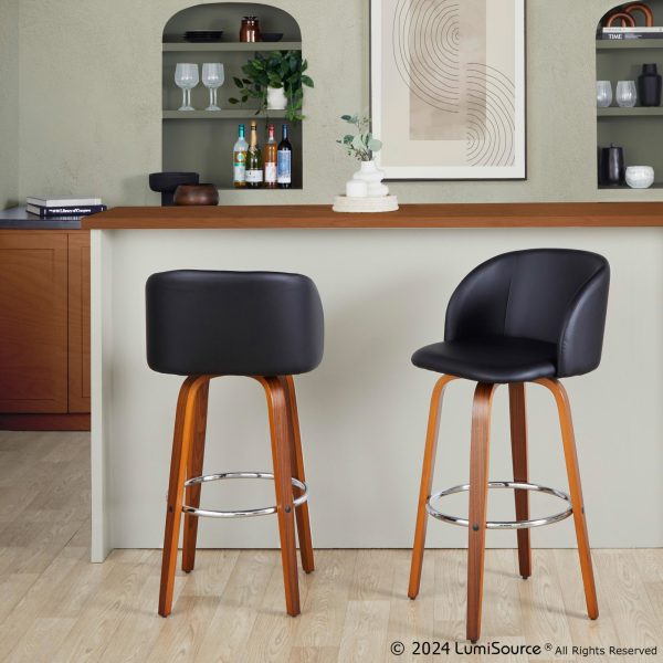 Fran Walnut Black Faux Leather Mid Century Barstool Set of 2