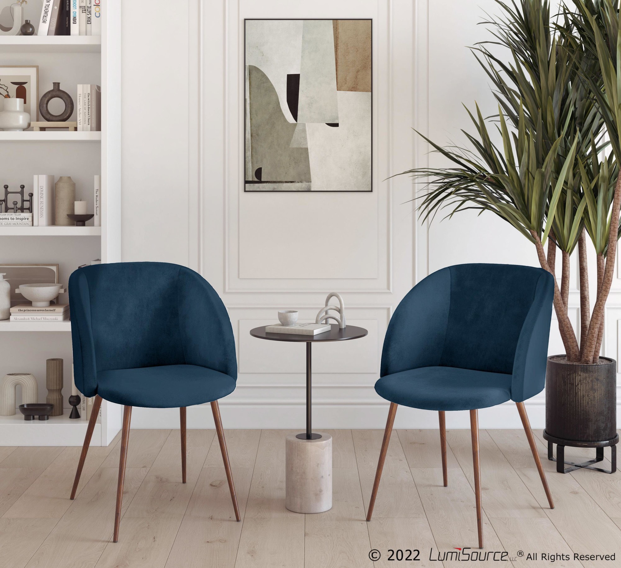 Fran Walnut and Blue Velvet Contemporary Dining Chairs (Set of 2) 2 Fran Walnut and Blue Velvet Contemporary Dining Chairs (Set of 2) - Image 2