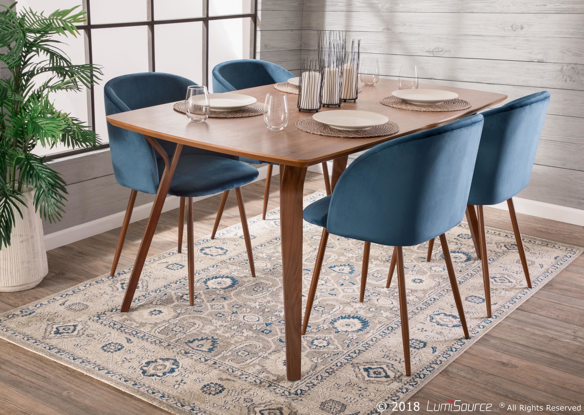 Fran Walnut and Blue Velvet Contemporary Dining Chairs (Set of 2) 1 Fran Walnut and Blue Velvet Contemporary Dining Chairs (Set of 2)