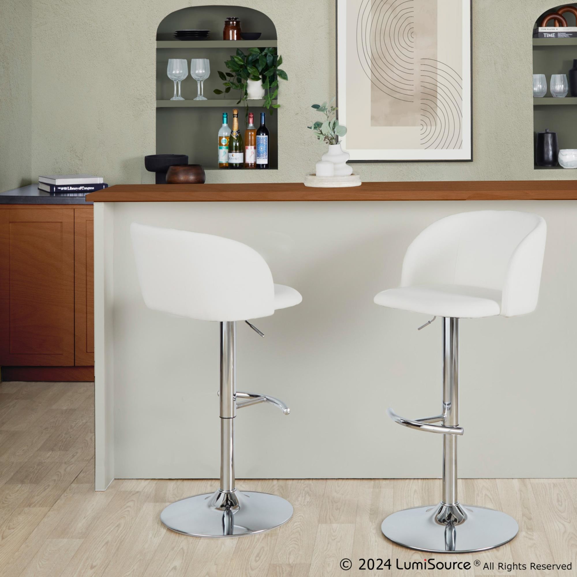 Fran White Faux Leather Chrome Contemporary Adjustable Barstools (Set of 2) 2 Fran White Faux Leather Chrome Contemporary Adjustable Barstools (Set of 2) - Image 2
