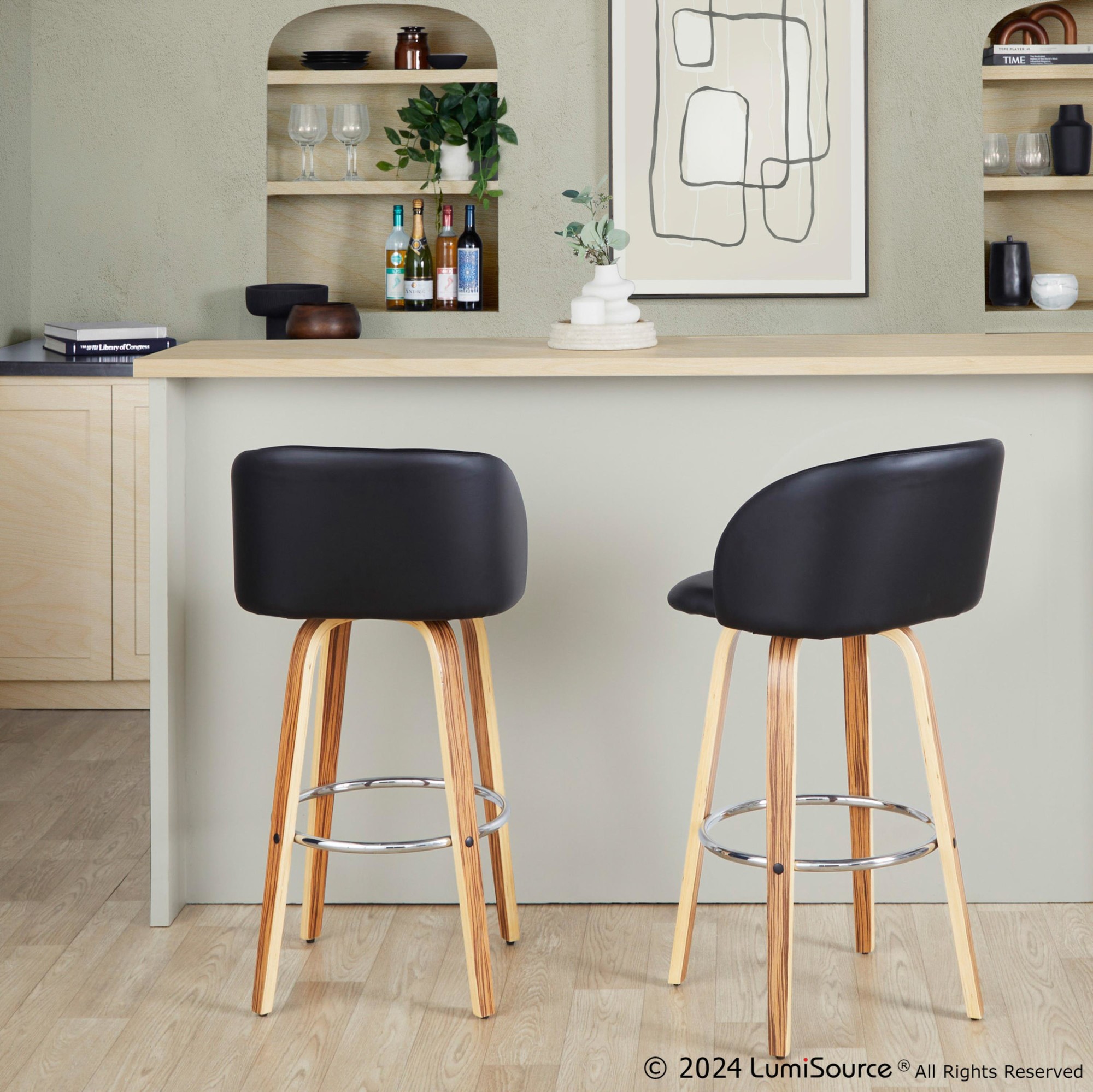 Fran Zebra Wood Black Faux Leather Swivel Barstool 29 (Set of 2) 2 Fran Zebra Wood Black Faux Leather Swivel Barstool 29 (Set of 2) - Image 2