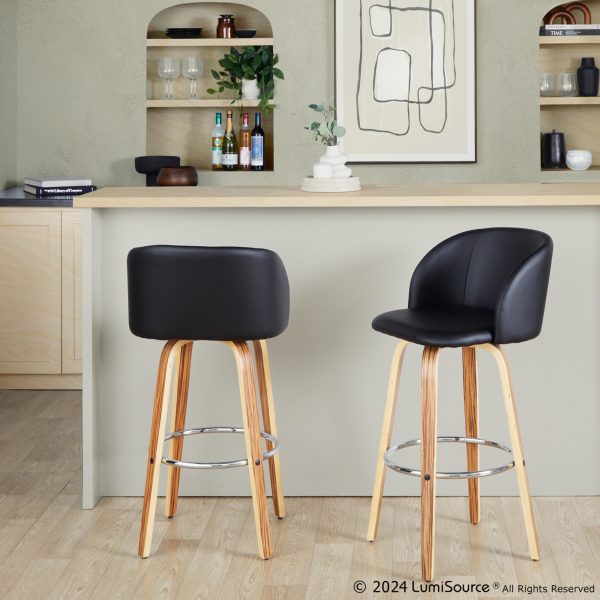 Fran Zebra Wood Black Faux Leather Swivel Barstool 29 Set of 2