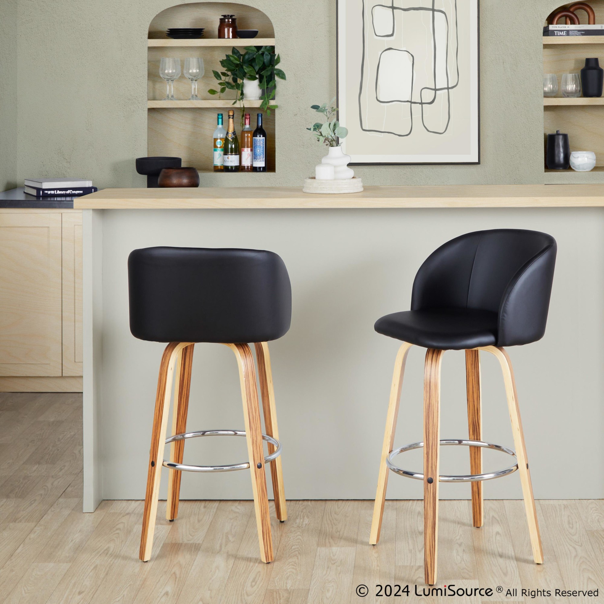 Fran Zebra Wood Black Faux Leather Swivel Barstool 29 (Set of 2) 1 Fran Zebra Wood Black Faux Leather Swivel Barstool 29 (Set of 2)