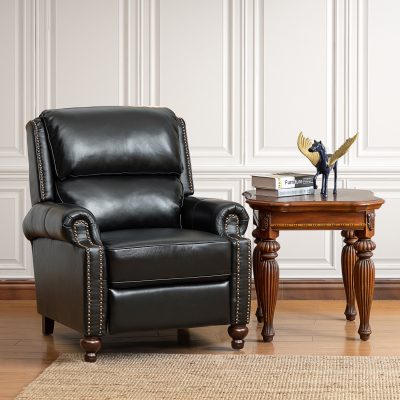 Franco Black Genuine Leather Mid-Century Modern Nailhead Trim Recliner