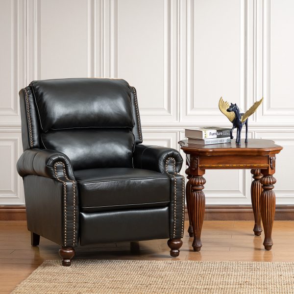 Franco Black Genuine Leather Mid Century Modern Nailhead Trim Recliner