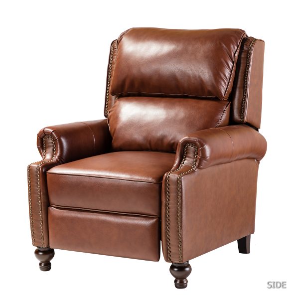 Franco Brown Genuine Leather Mid Century Modern Nailhead Trim Recliner 1