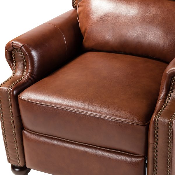 Franco Brown Genuine Leather Mid Century Modern Nailhead Trim Recliner 4