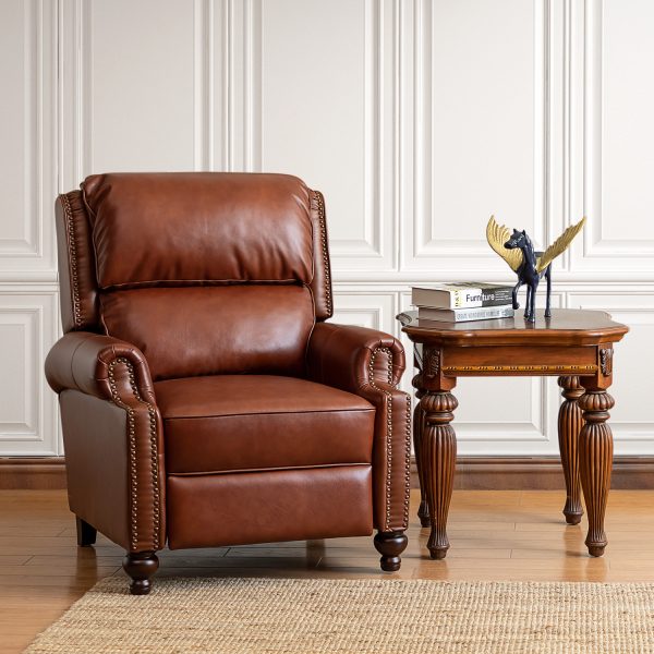 Franco Brown Genuine Leather Mid Century Modern Nailhead Trim Recliner