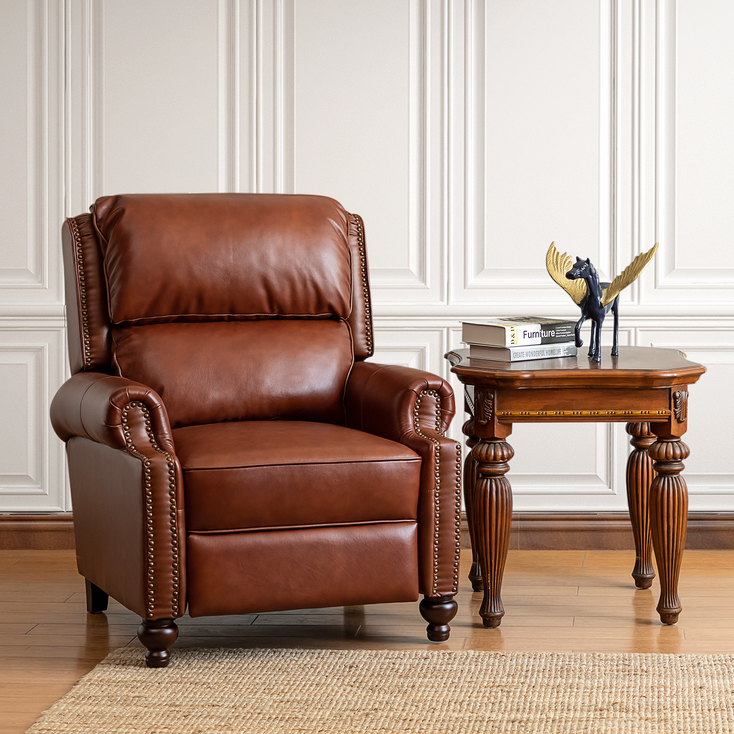 Franco Brown Genuine Leather Mid-Century Modern Nailhead Trim Recliner 1 Franco Brown Genuine Leather Mid-Century Modern Nailhead Trim Recliner