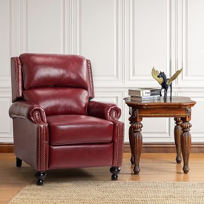 Franco Burgundy Genuine Leather Nailhead Trim Mid-Century Modern Recliner