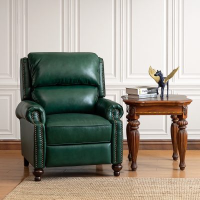 Franco Genuine Leather Mid-Century Modern Nailhead Trim Green Recliner