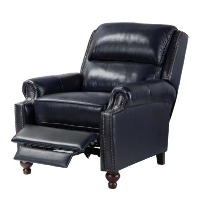 Franco Navy Genuine Leather Nailhead Trim Mid-Century Recliner