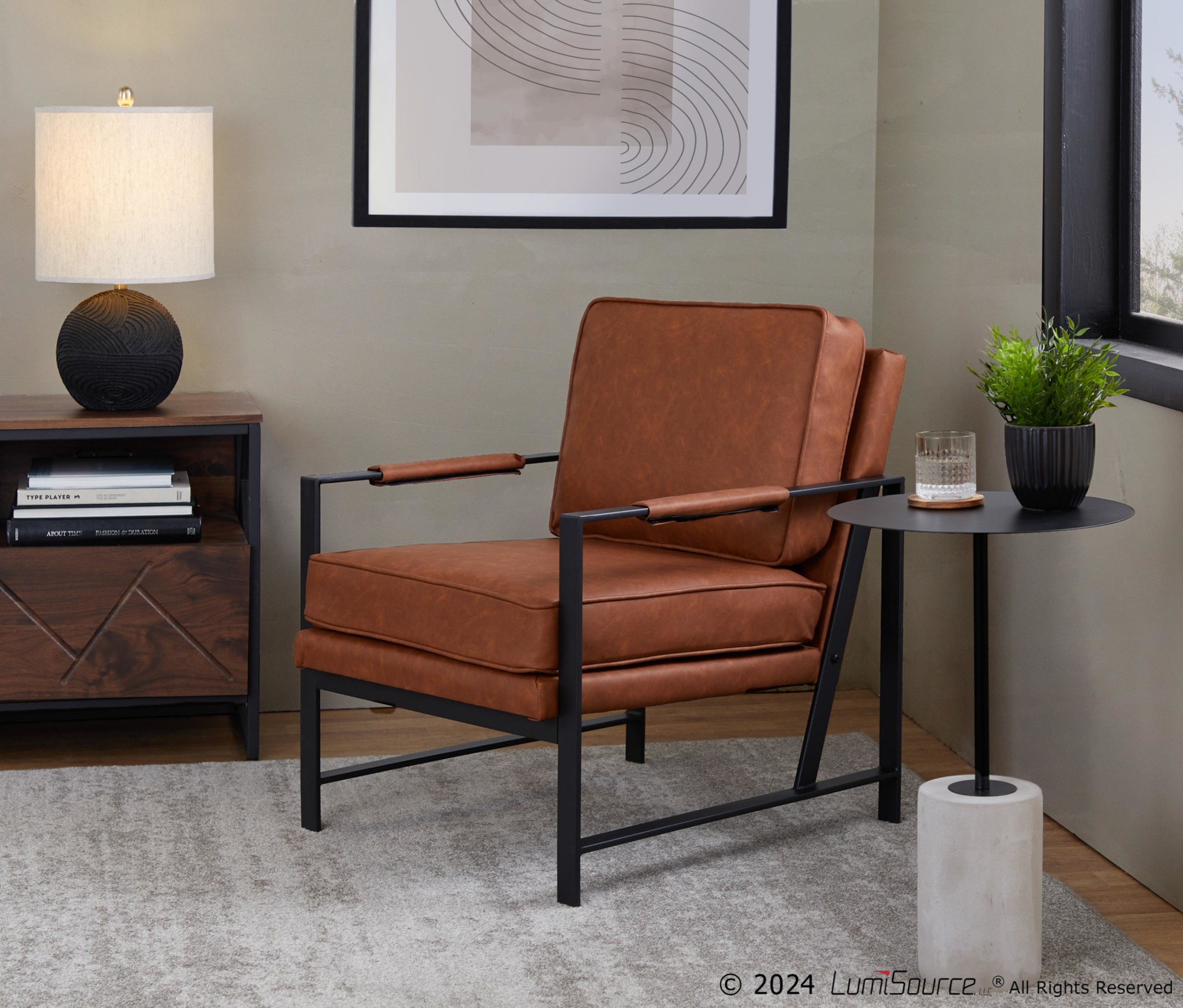 Franklin Contemporary Black Metal Camel Faux Leather Arm Chair 2 Franklin Contemporary Black Metal Camel Faux Leather Arm Chair - Image 2