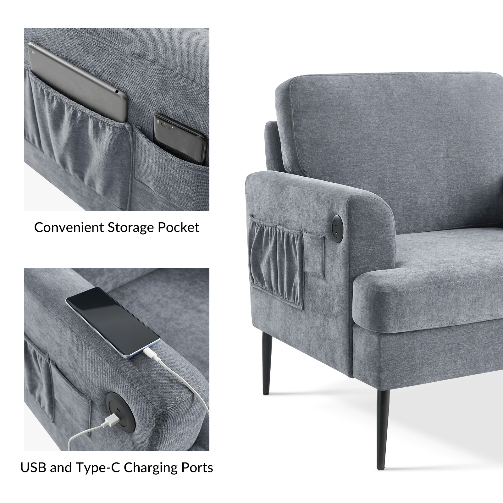 Frederick Grey Oversized USB Charging Pocket Armchair 4 Frederick Grey Oversized USB Charging Pocket Armchair - Image 4