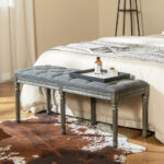French Vintage Upholstered Bench 47 Inch with Button Tufting