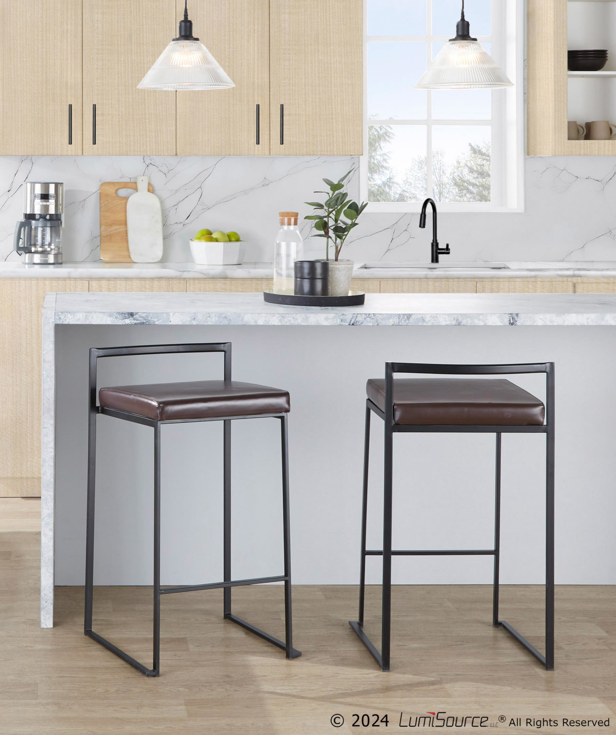 Fuji 26" Black Metal Brown Faux Leather Contemporary Stools (Set of 3) 2 Fuji 26" Black Metal Brown Faux Leather Contemporary Stools (Set of 3) - Image 2