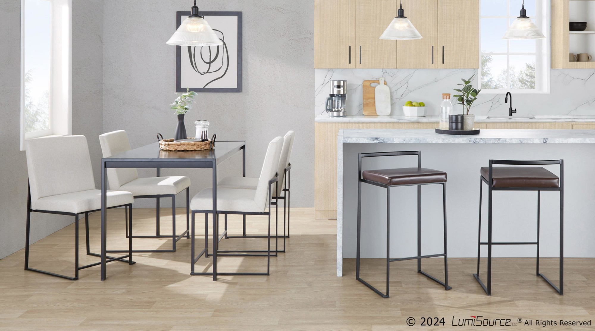 Fuji 26" Black Metal Brown Faux Leather Contemporary Stools (Set of 3) 3 Fuji 26" Black Metal Brown Faux Leather Contemporary Stools (Set of 3) - Image 3