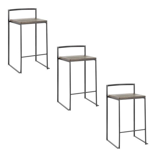 Fuji 26 Black Metal Espresso Bamboo Counter Stool Set of 3 10