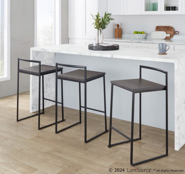 Fuji 26 Black Metal Espresso Bamboo Counter Stool Set of 3