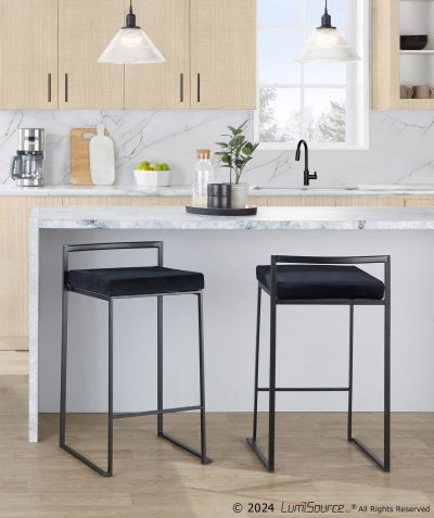 Fuji 26 Black Metal Velvet Contemporary Stackable Counter Stool (Set of 3)