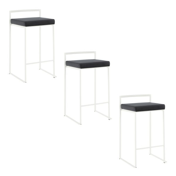 Fuji 26 Contemporary Black Velvet White Metal Counter Stools Set of 3 9